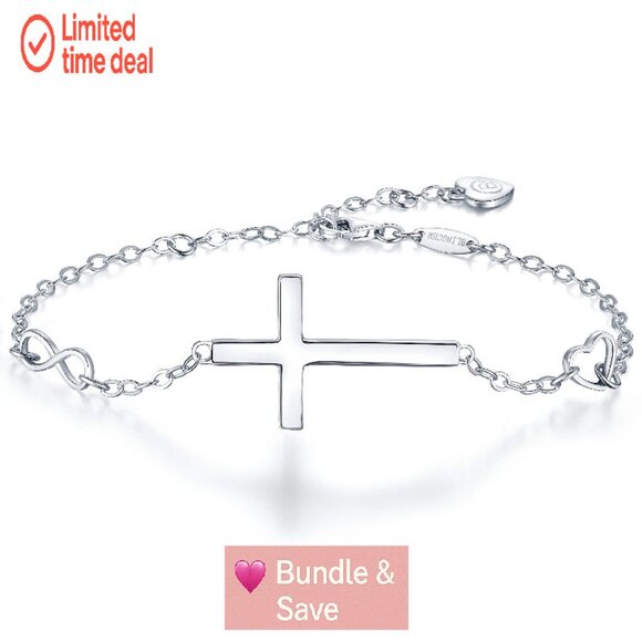 Sterling Silver Cross Infinity Heart Bracelet, 925, 21.5cm, Religious Gift - Picture 1 of 8